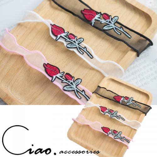 韓國空運❥3色龐克玫瑰刺繡頸鍊❥